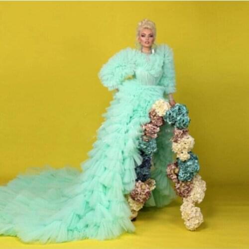 Gorgeous Evening Dresses Tiered Full Sleeve Prom Dress Lush abendkleider Mint Green Tulle Prom Gown Photography vestido de festa