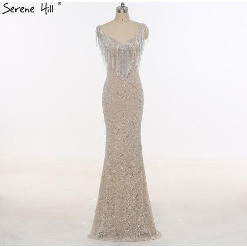 Luxury Silver Beading Tassels Mermaid Evening Dresses 2020 New Back Split Dubai Robe De Soiree Party Gown Real Picture BLA6290