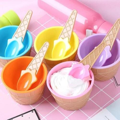 Hot 2Pcs Lovely Cute Ice Cream Dessert Bowl Spoon Tableware Gift Kids Ice Cream Bowls Party Dinnerware Supplies Children Tablewa