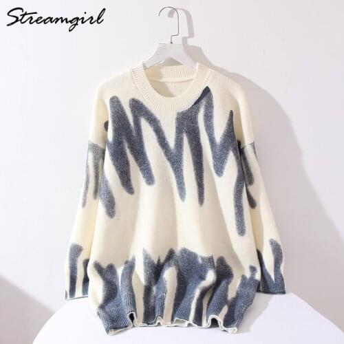 White Sweater Oversize Pullover Women Striped Print Female Winter Warm Knitted Tops Womens Oversized Sweater For Women Fashion