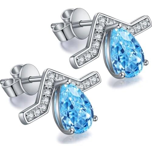 Sparkle Shining Silver Jewelry Water Drop Pattern Lab Grown Aquamarine Gemstones Blue Diamond Stud Earrings
