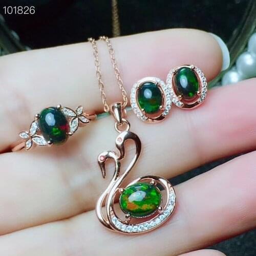 Black opal Natural Opal jewelry set Natural Real Black Opal 925 sterling silver 1pc pendant,1pc ring,2pcs Earring
