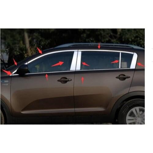 Stainless Steel Chrome Door Full Window Frame+Center Pillars Window Sill Molding Trim For KIA Sportage R 2010-2014