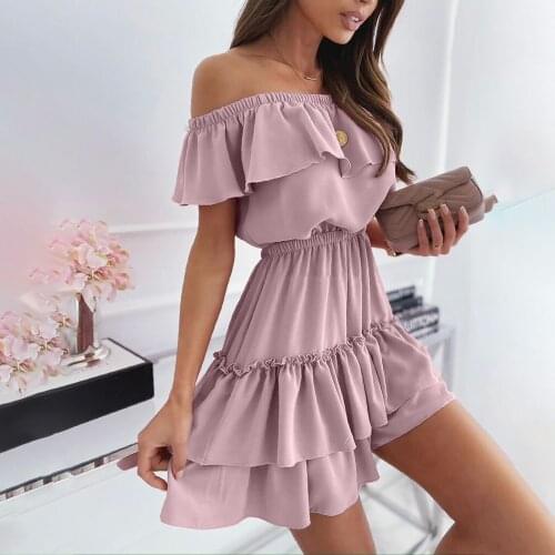 Summer Beach Dress Womens Casual Fashion One Neck Solid Color Strapless Loose Ruffle Dress Bohemia Loose Dresses Vestidos