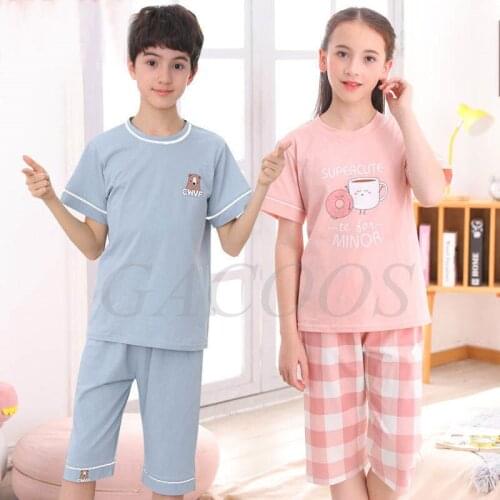 Summer Short Sleeved Teen Pajamas Teenage Pajama Sets Baby Boys Cotton Clothing Girls Sleepwear Pyjamas Kids 4 6 8 10 12 16Years