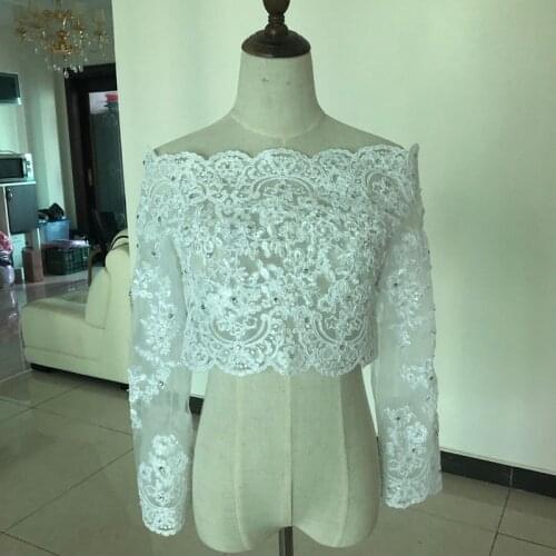 Real Image New Wedding Jackets Bling Crystal Long Sleeve Off Shoulder White Ivory Bolero Jackets Sheer Custom Made Bridal Jacket