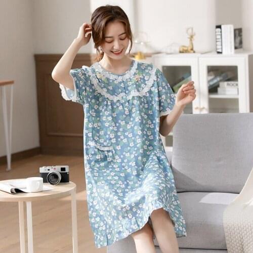 100% Cotton Sleep Dress Japanese Style Casual Nightdress Women New Dress Sweet Lace Loose Large Size Floral Pajamas Nighty