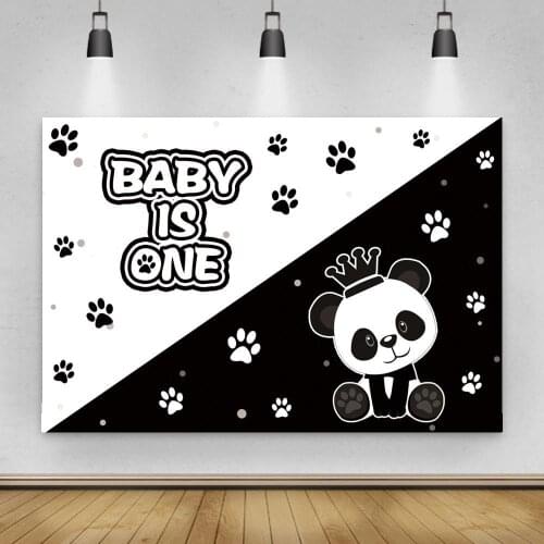 Newborn One Year Old Baby Birthday Decration Backdrop Panda Footmark Black White Cake Table Decor Backgrounds