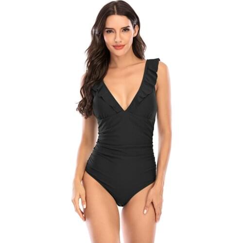 Solid Black Ruffled One-Piece Swimsuit Ladies Sexy Lace-Up Swimsuit 2021 Beach Swimsuit Fashion Swimsuit Модные купальники