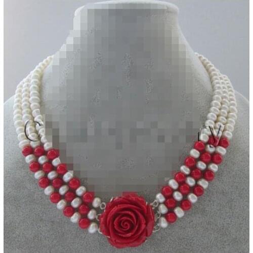 7-8mm natural white freshwater pearl + red coral necklace Bridal Wedding word shipping free