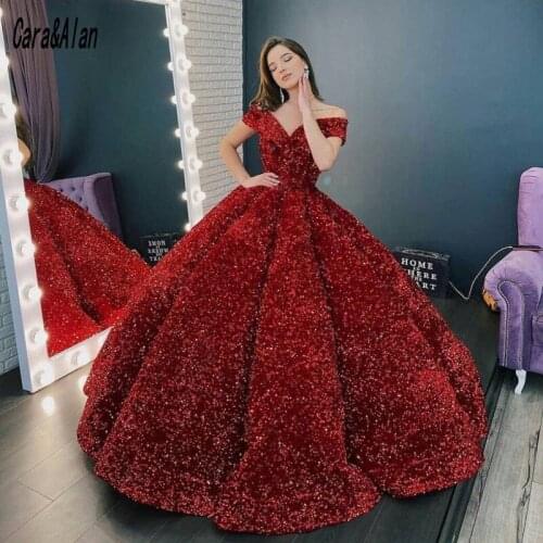 Stunning Sequin Burgundy Evening Dresses 2021 Off the Shoulder Ball Gown Prom Dress for Women Party robe de soirée de mariage