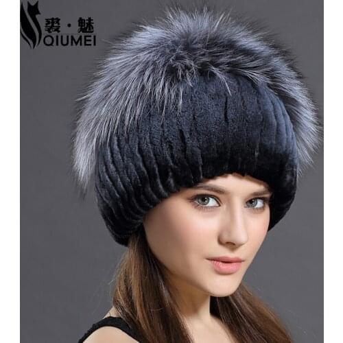 QiuMei Womens Winter Beanie Hat Real Rex Rabbit Fur Hats For Women Knitting-Beanie Thicken Female Luxury Fox Cap Beanies