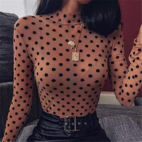 Sexy Womens Tops And Blouses Mesh Sheer Polka Dot Shirt Long Sleeve Tops Fashion Slim Blouse Ladies Blouses Women Clothes Shirts
