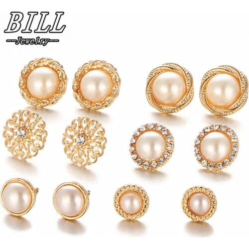 6Pairs/set Round Crystal Stud Earrings Sets Women Female Simulated Pearl Flower Ear Studs Bride Jewelry Party Wedding Gift