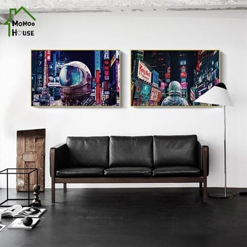 Modern Colorful Night Secnery Astronaut Canvas Painting Fashion Wall Art Poster for Boy Bedroom Home Decorations Room Decor