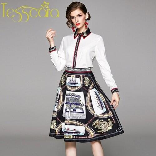 TESSCARA Women Runway Designer Vintage Print Dress Shirt Suit Set High Quality Office Party Robe Femme Elegant Autumn Vestidos