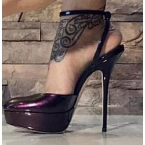 Sexy Burgundy Black Super Heel Platform Pumps Close Pointed Toe Patent Leather Ultra High Heels Banquet Shoes for Ladies