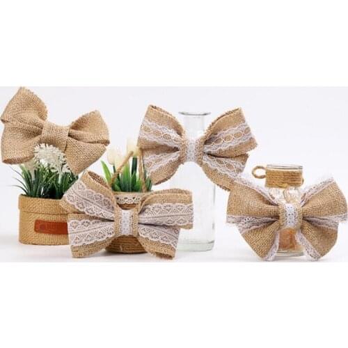 Hand Made Vintage White Flower Bow Bowknot Jute Linen Hessian Burlap Country Event Party Accessories Bouquet Wedding Decoration