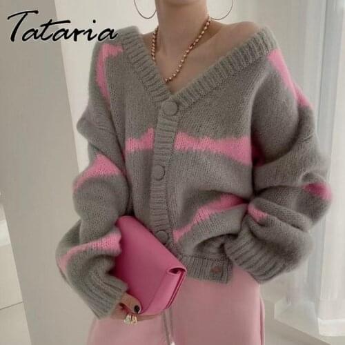 Green Splice Striped Cardigan for Women 2021 Winter Sweater Patchwork Coat Warm Button-down Cardigan Girl V Neck Knitwear Jacket