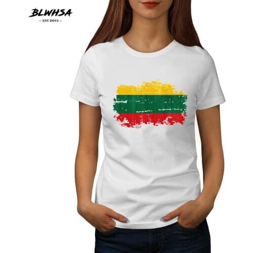 BLWHSA Summer Tee Top Women Fashion O-Neck Casual Lithuania National Flag High Quality Nostalgic Printed Female T-Shirt