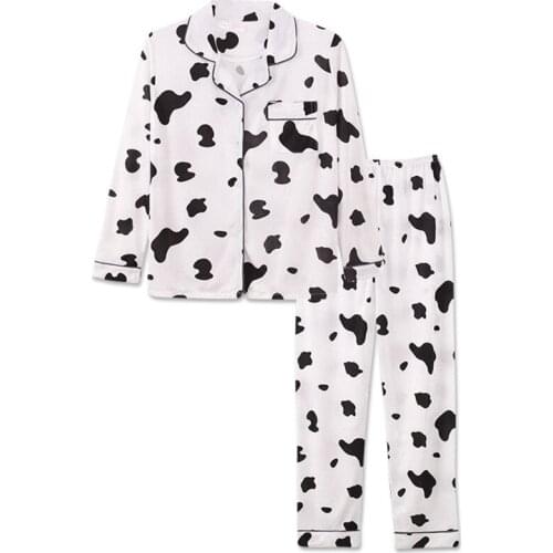 2 Pieces Women Pajamas Sets Cow Print Sleepwear Suit Cartoon Cute Homewear Milkfiber Nightwear Female Casual Home Clothes
