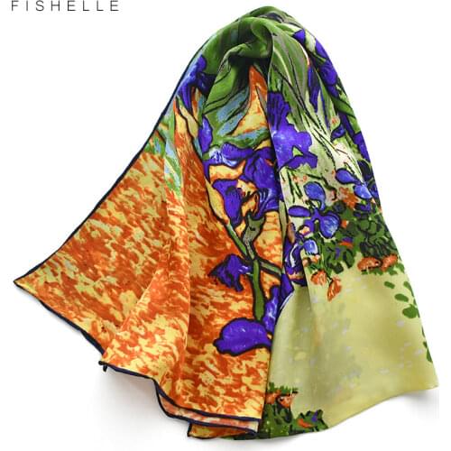 Van Goghs oil paintings long scarf women 100% natural silk bandana printed real silk scarves shawl autumn luxury gift for lady