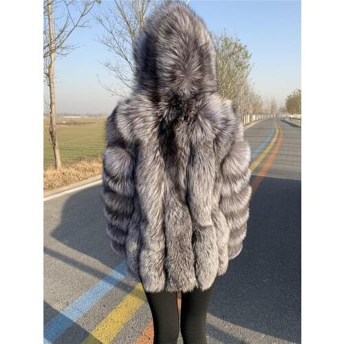 Hooded Fox Coats Natural Fur Long Sleeves Women Real Silver Fox Fur Coat With HOOD Plush Female 2020 Winter Jacket With Fur