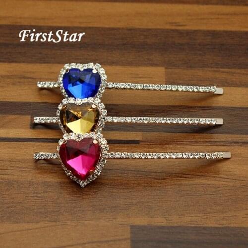 1 Pair FirstStar Trendy Shining Rhinestone Heart Luxury Hair Clip Royal Blue Crystal Women Hair Barrette Jewelry Accessories