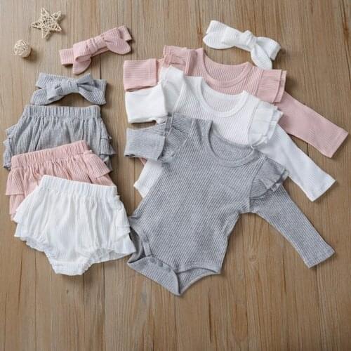 2021Fashion Newborn Baby Set 3pcs Infant Boys Girls Romper+Bloomer+Hairband Ribbed Cotton Kids Summer Suit 4 Colours