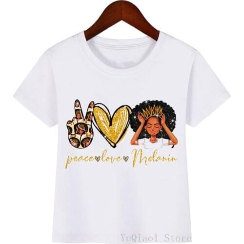 Peace Love Melanin Cute Little Afro American Black Girl Magic Kids T-Shirt Summer Top Children Basic Tshirt White T Shirt