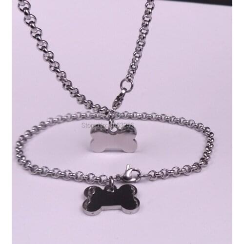 Stainless Steel Men And Women Jewelry set bone Dog Tag Charms Bracelet + Necklace Rolo Chain 4mm wide