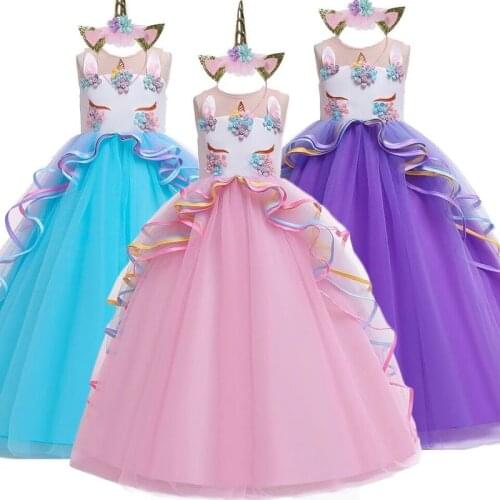 Summer High-grade birthday evening party child wedding dresses 4-14Y girls Embroidered applique unicorn long dress