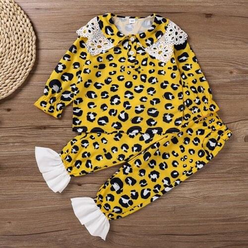 Fashion Clothes Yellow Kids Clothes 2 Pcs Set Print Lace Floral Turn Down Collar Long Sleeve Tops+flares Toddler Girl Clothes