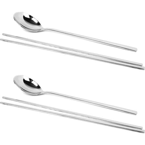 Korean Style Stainless Steel Tableware Set 2 Pairs Chopsticks + 2 Pcs Spoons Tableware Kitchen Dining Tool