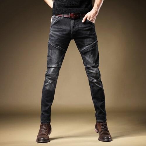 Motorcycle Jeans Men Fashion Straight Slim Fit Denim Trousers Streetwear Stretch Black Pants