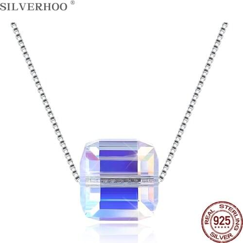SILVERHOO 925 Sterling Silver Necklaces For Women Simple Square Colorful Austria Crystal Pendant Necklace Casual Fine Jewelry