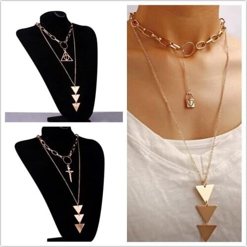 2021 New Goth Lock Triangle Choker Necklace For Women Vintage Aesthetic Deathly Hallows Necklace Cross Pendant Jewelry fj042
