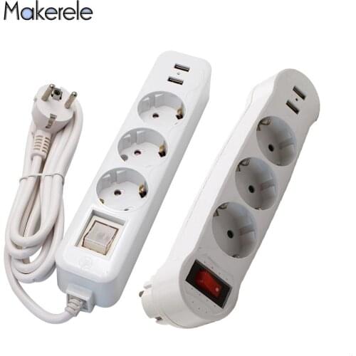 16A European Type Conversion Plug 1 TO 3 Way Power Strip Socket Plug Sockets Dual USB Ports EU Plug