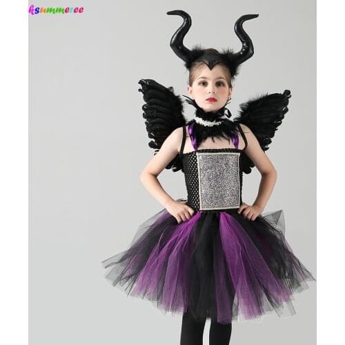 Girls Evil Queen Halloween Maleficent Fancy Tutu Dress Costume Wicked Witch Kids Villain Dress Holiday Carnival Party Clothing