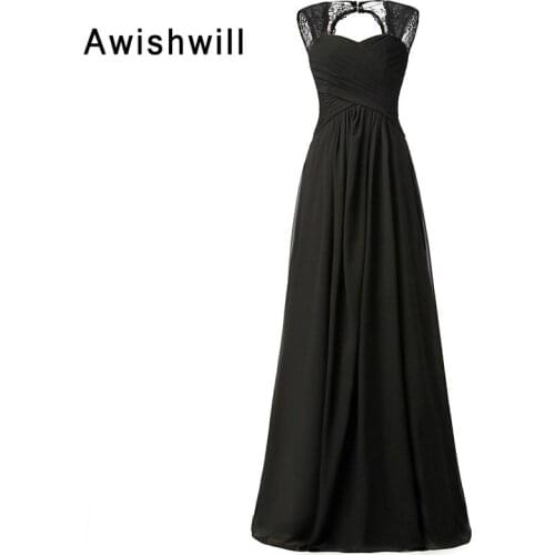 Simple Design Open Back Cap Sleeve Black Evening Dresses with Lace Chiffon Long Mother of the Bride Evening Party Dress