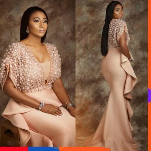 Luxury Mermaid Formal Evening Gowns Deep V-Neck Floral Applique Beads Short Sleeves Prom Dresses Sexy Stylish AsoEbi Celebrity