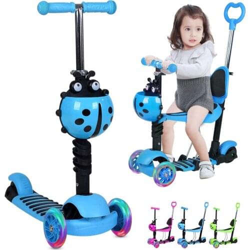 Foldable Kids Scooters Multifunction Childrens Scooter 3 In 1 Cute Ladybug Kick Scooter Kids With LED Flashing Wheels Adjustabl