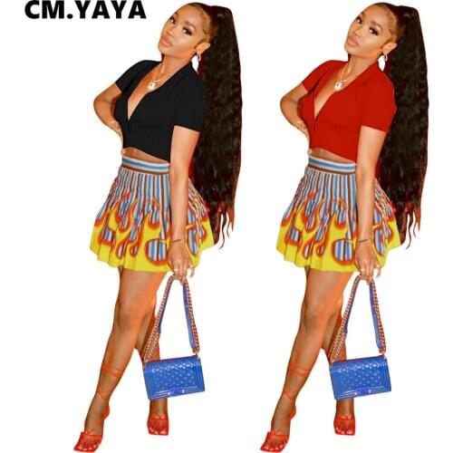 CM.YAYA Sport Tennis Womens Tracksuit Print Mini Pleated Skirts Set with T-shirts Matching Two 2 Piece Set Active Sweatsuit