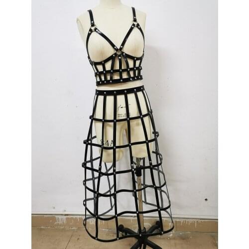 1SET Queen Cool Real Leather Punk Harness Top Bra Belt with Long Caged Skirt Skirted Dress Cosplay Roleplay Dancing Performance