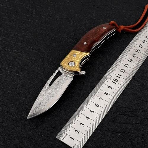 Vg10 core layer Damascus steel hunting outdoor camping brass head cow bone handle self-defense rescue EDC tool folding knife