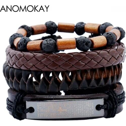 Vintage Multiple Layers Leather Bracelet Set for Men Women Handmake Rope Wood Wrap Punk Bracelets Pulseras Vintage Jewelry