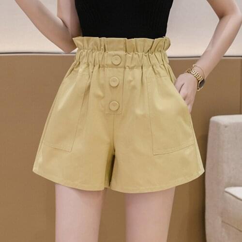 A-Line Loose High Waist Buttons Elastic Waist Wide Leg Solid Womens Short With Pockets Korean Casual Summer Shorts For Female