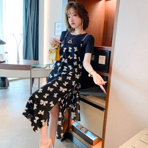 Awarose Solid Color Basis T-shirt + Sling V-Neck Butterfly Print Elegant Dress 2 Two Piece 2021 New Women Summer Party Sundress