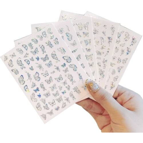 1pcs laser gold/silver butterfly 3d nail stickers designer Adhesive Sliders decals Wrap Foils Nail Art Decoration supplies
