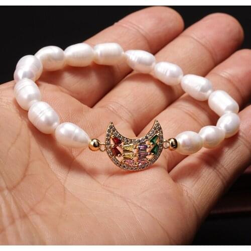 Natural Freshwater Pearl Charms Bracelet For Women Rainbow CZ Moon Connector Plastic Elastic Rope Fashion Pearl Bangle Jewelry